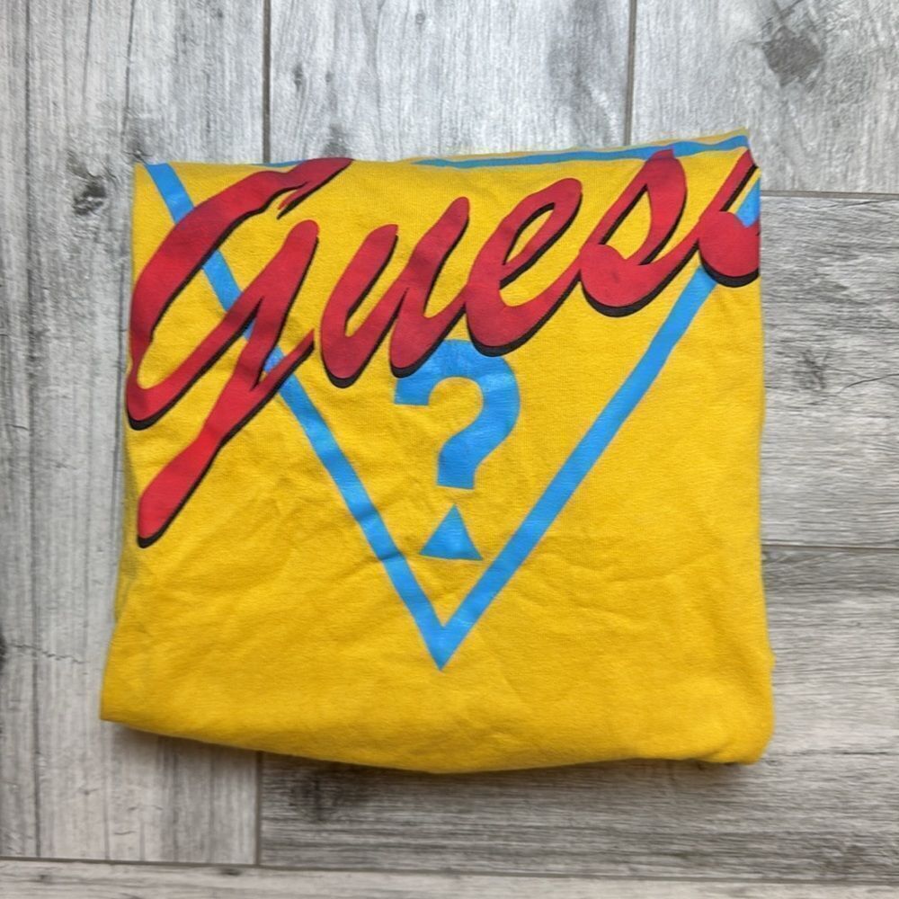 Guess Womens Yellow Long Sleeve Graphic Logo Crew Neck Sweater Medium